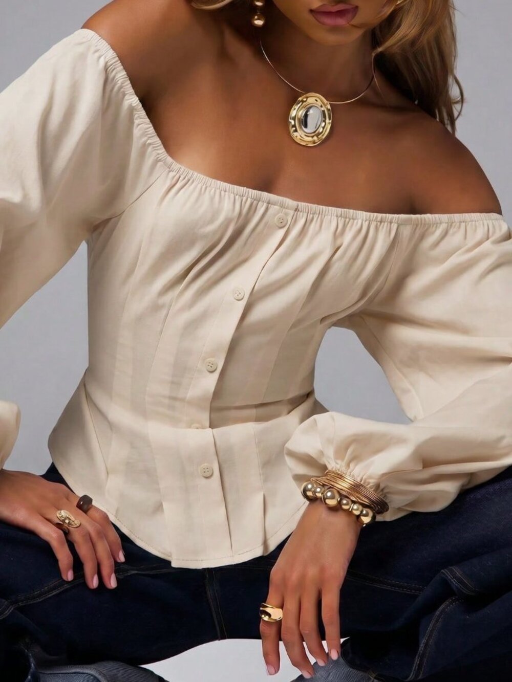 Apricot Elegant Pleated Off-Shoulder Women's Long Sleeve Balloon Top